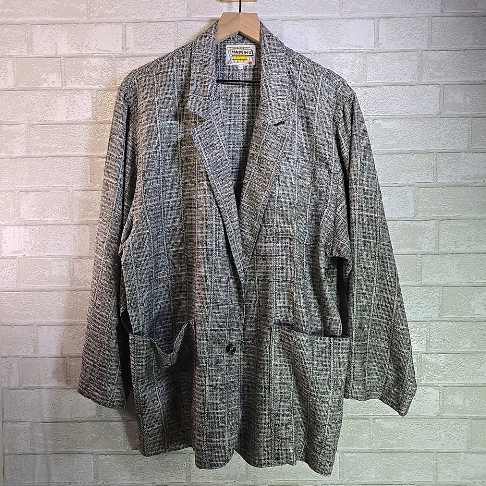 Vintage Massimo Italy Retro 80s Vibe Grey Plaid One Button Jacket Blazer
